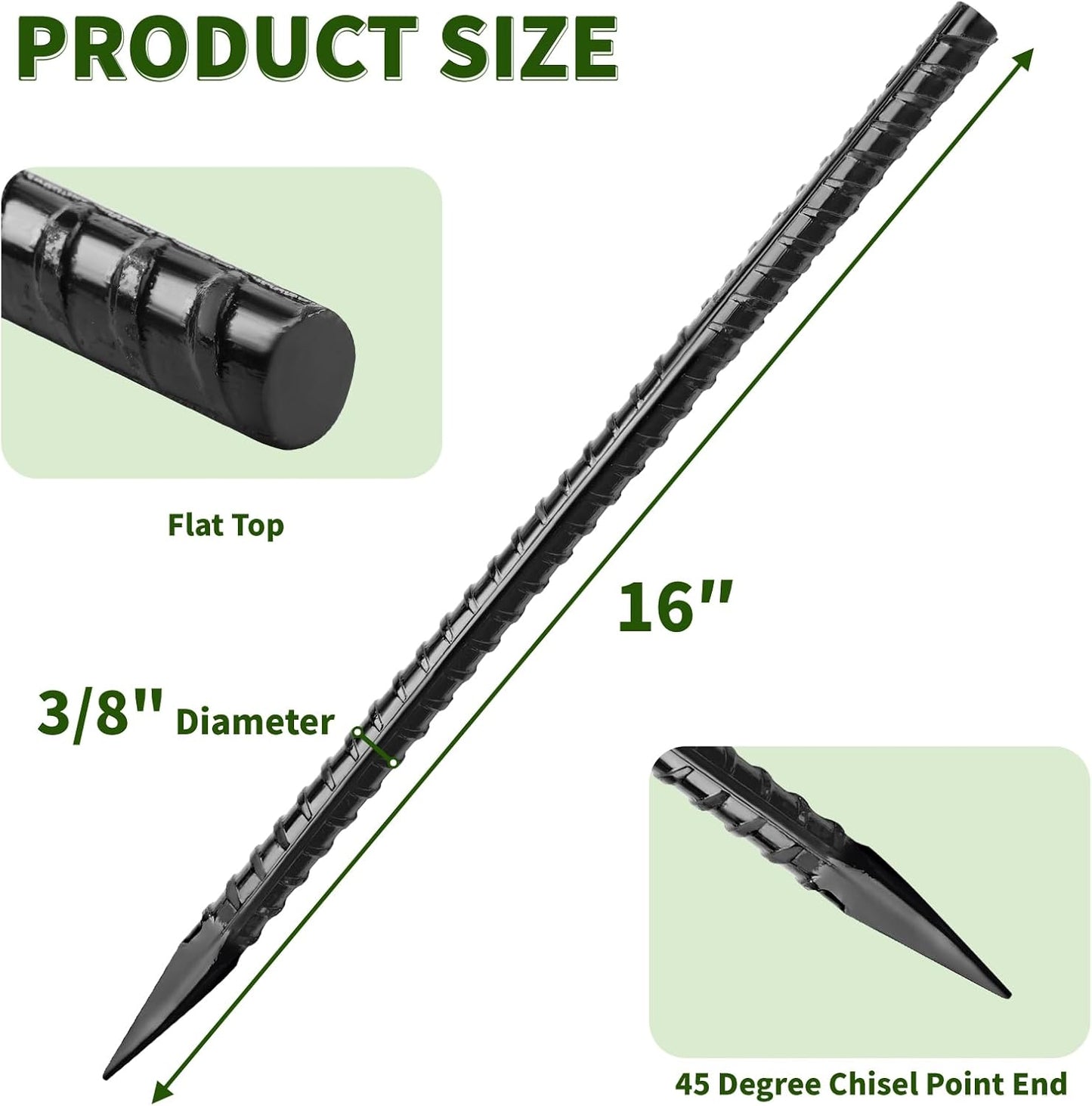 16 inches Rebar Stakes Heavy Duty (34-Pack) Metal Spikes for Concrete Timber, Garden Plant, Straight Steel Stakes for Tent, 3/8" Thickness Ground Anchors with Chisel Point End, Black