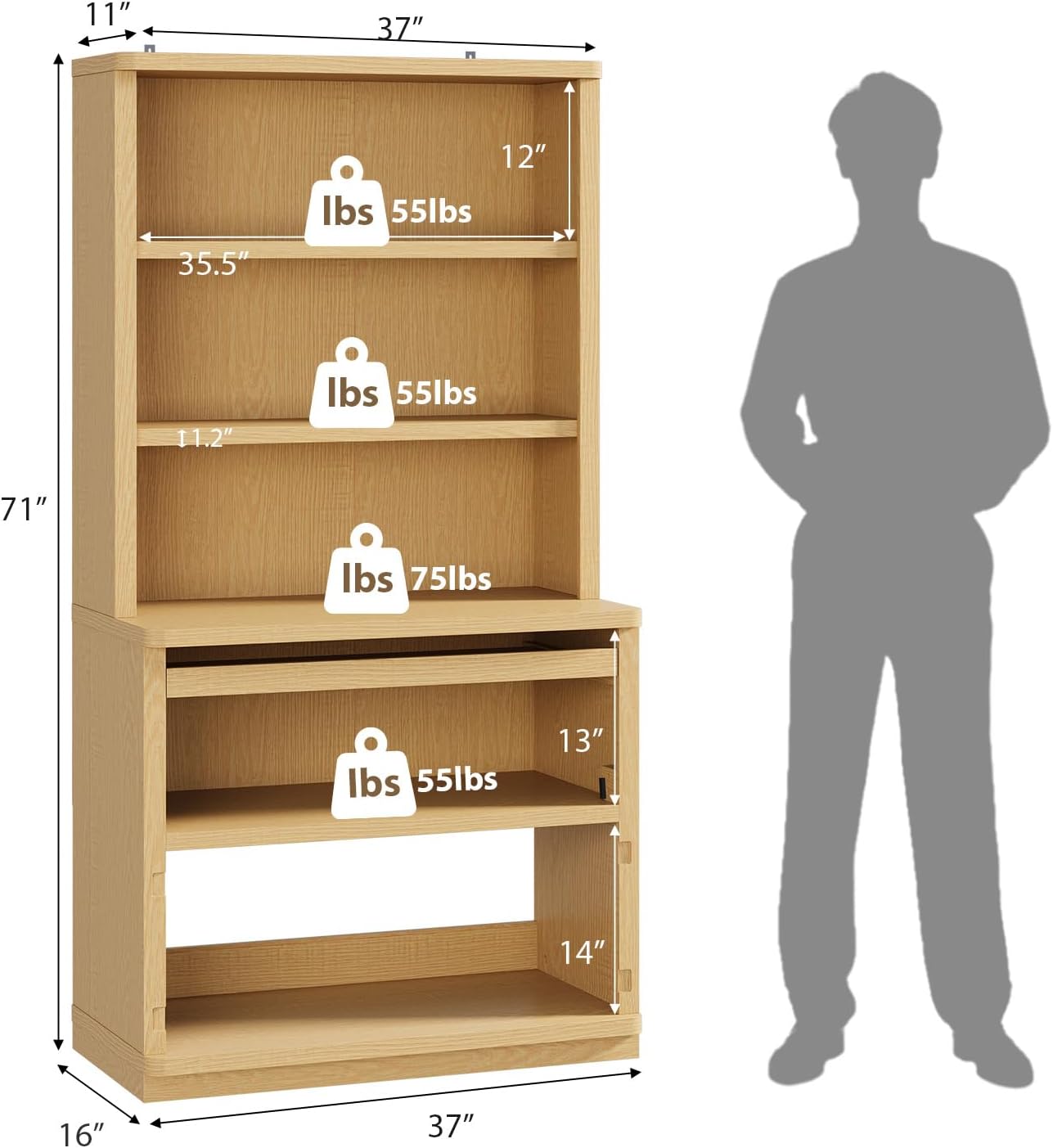 Rresyet 5 Tier Bookcase with Flip-Flop Design, 71" x 37" x 16" Wooden Book Shelf, Extra Bookshelf Storage Organizer, Display Standing Shelf Unit for Home Office, Living Room, Study Room (Wood)