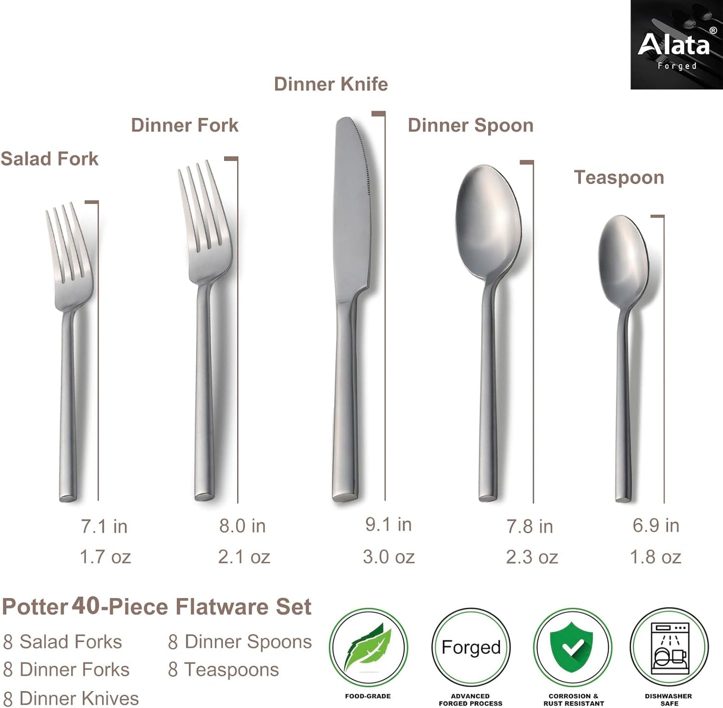 Alata Potter 40-Piece Forged Silverware Set, Service for 8 ??Premium Stainless Steel Flatware Set, Modern Design with Satin Finish, Ideal for Home, Kitchen, Party, Camping