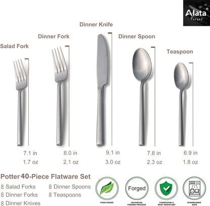 Alata Potter 40-Piece Forged Silverware Set, Service for 8 ??Premium Stainless Steel Flatware Set, Modern Design with Satin Finish, Ideal for Home, Kitchen, Party, Camping