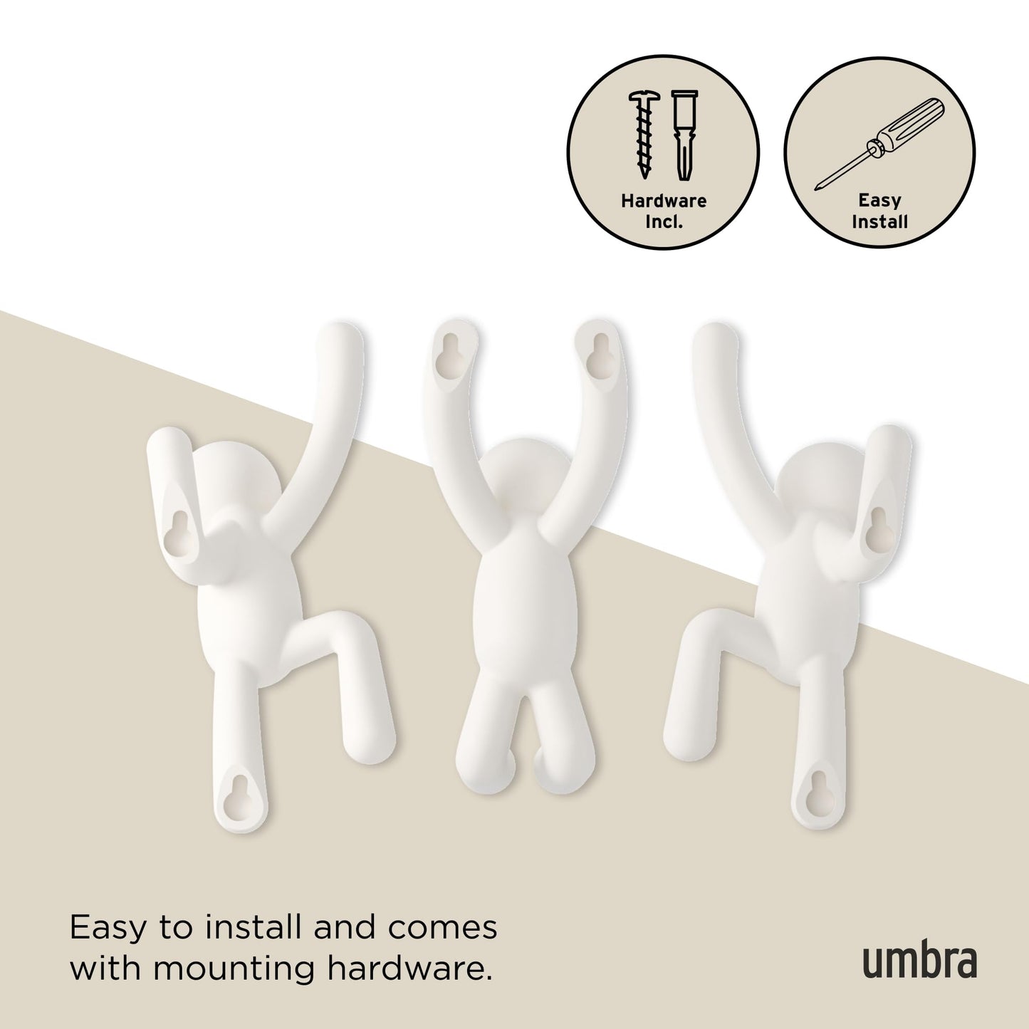 Umbra Buddy Wall Hooks, Decorative Wall Mount Coat Hooks, Set of 3, White