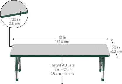 FDP Rectangle Activity School and Classroom Kids Table (30 x 72 inch), Chunky Toddler Leg, Adjustable Height 15-24 inches - Gray Top and Green Edge