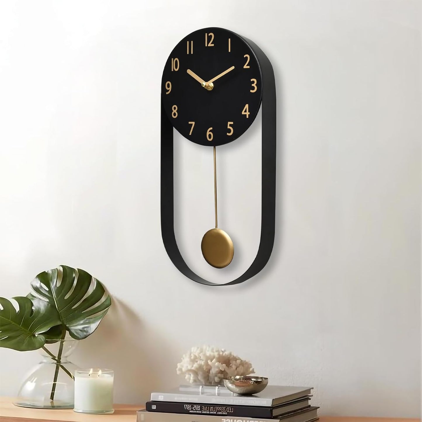 Stylish Minimalist Pendulum Black Wall Clock 8 Inch Modern Decorative Timepiece Silent Gold Pendulum Included Distinctive Metal Frame Design