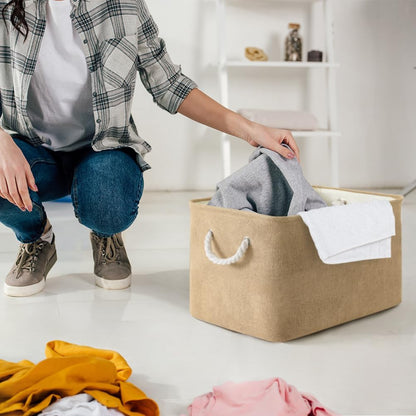 Organization and Storage Basket for Organizing - 17X15X12 inch 2 Pack Collapsible Baskets for Shelves, Fabric Storage Cubes with Rope, Storage Box for Cloth Decorative Gift (Beige)