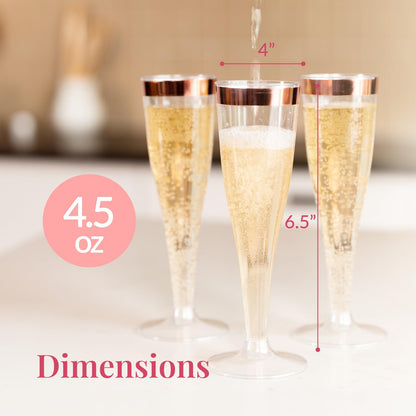 Prestee Set of 24 Plastic Champagne Flutes with Rose Gold Rim - 4.5 oz - Shatterproof Disposable Glasses - Elegant Design - Ideal for Weddings, Cocktail Parties, and Outdoor Celebrations