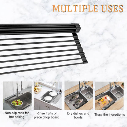 LEMIKKLE 20.5" x 13" Roll Up Dish Drying Rack Silicone Wrapped Over The Sink Dish Drying Rack Foldable Sink Drying Mat, Heat-Resistant & Anti-Rust Dish Rack for Kitchen Sink, Black