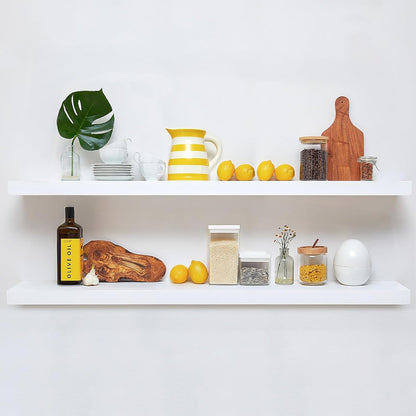 Homeforia Floating White Shelf 60 inches, High End Solid Real Wood 60inch Long Floating Shelves for Wall Mounted, White Wooden 60in Floating Shelves, Heavy Duty Bracket, 60 X 6.5 X 1.75 inch, Set of 2