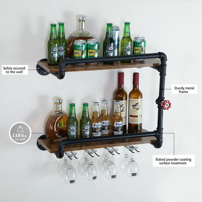 Wine Rack Wall Mounted 2 Tier, Hanging Floating Small Mini Bar Liquor Shelves with Glass Holder Storage Under, Industrial Rustic Pipe Farmhouse Kitchen Decor Black(23.6x10.6x19.7)