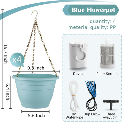 Hanging Planters 10 Inch, 4 Pcs Flower Pots Automatic Watering System Set, Self Watering Hanging Basket with Drainage Hole for Indoor Outdoor Plants, Decor, Blue