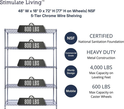 48"x18"x72" PRIME HEAVY DUTY Chrome 5-Tier Wire Shelving NSF 4000 LBS MAX Capacity Storage Rack for Commercial, School, Home, Garage, Warehouse, Industrial, and Hospital Uses (with Wheels)