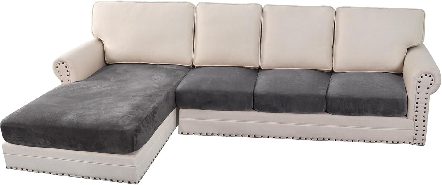 H.VERSAILTEX Velvet Stretch Sectional Sofa Covers - 4 Piece Seat Cushions for L Shape Sectional Couch (Large 3 Seater + 1 Chaise, Grey)