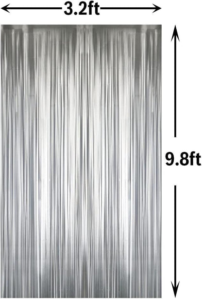 GOER 3.2 ft x 9.8 ft Metallic Tinsel Foil Fringe Curtains Party Photo Backdrop Party Streamers for Birthday,Graduation,New Year Eve Decorations Wedding Decor (3 Pcs,Matte Silver,Thick Material)