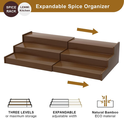 Spice Rack Organizer for Cabinet 2Pack, 3 Tier Expandable Bamboo Spice Storage, Great for Kitchen Cabinet, Cupboard,Pantry and More(Brown)