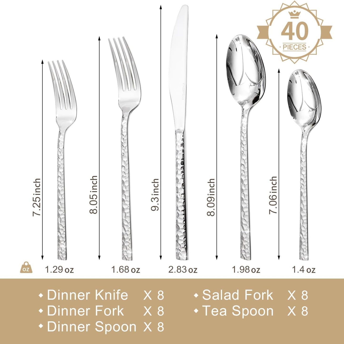 KINGSTONE 40 Piece Hammered Silverware Set, 18/10 Stainless Steel Flatware Set for 8, Cutlery Set for Home, Party, Wedding, Mirror Polished Dishwasher Safe
