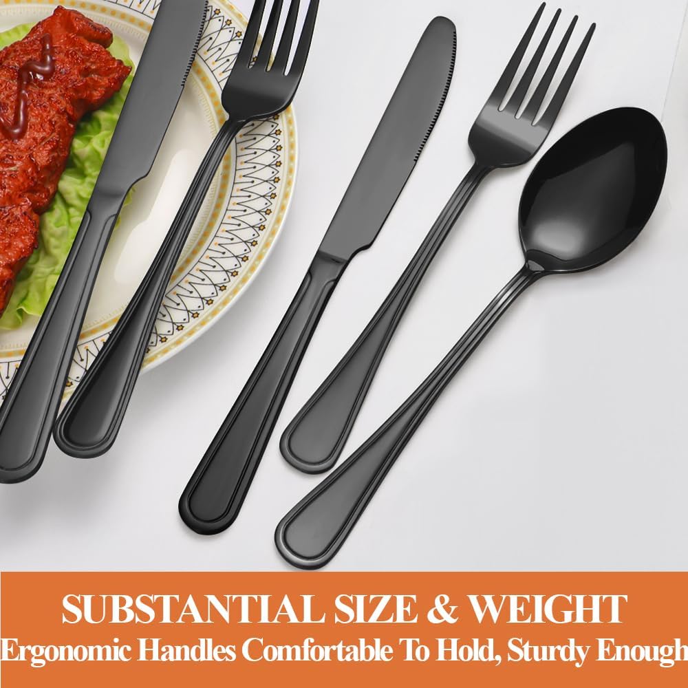 40 Pcs Black Silverware Set for 8 with Simple Striped Handle Design, Food Grade Stainless Steel Flatware Set, Eating Utensils Sets Include Fork/Knife/Spoon, Cutlery Set, Dishwasher Safe