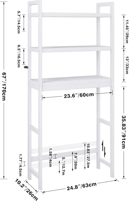 SMIBUY Bathroom Storage Shelf, Bamboo Over-The-Toilet Organizer Rack, Freestanding Toilet Space Saver with 3-Tier Adjustable Shelves (White)