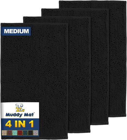 Muddy Mat® 4-Piece Black Medium 30"X19" AS-SEEN-ON-TV Highly Absorbent Microfiber Door Mat, Bath Mat and Pet Rug, Non Slip Thick Washable, Soft Chenille for Kitchen Bathroom Bedroom Indoor and Outdoor