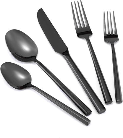 Hand Forged Stainless Steel Flatware Set Silverware Set Cutlery Set Hexagon Handle Black Mirror Finished 20 Pieces Service for 4