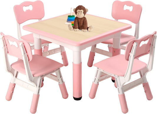 FUNLIO Kids Table and 4 Chairs Set, Height Adjustable Toddler Table and Chair Set for Ages 3-8, Easy to Wipe Arts & Crafts Table, for Classrooms/Daycares/Homes, CPC & CE Approved (5-Piece Set) - Pink