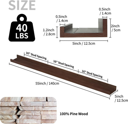 SAUMONIERES Picture Ledge Shelf Floating Book Shelves Set of 2 Wall Mounted Solid Wood for Bedroom Bathroom Living Room Kitchen, 55 Inch Walnut