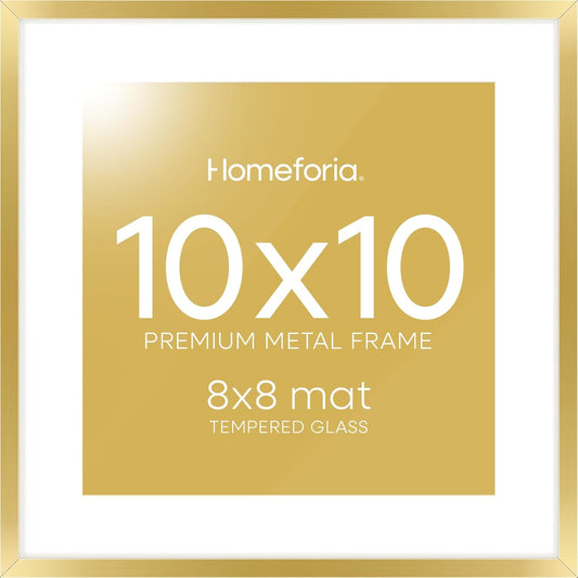 Homeforia Square 10x10 Gold Frame, High End Metal 10 by 10 Picture Frames with Mat 8 x 8, 10by10 Thin Poster Frame Matted to 8x8 inch Photo, Wall or Tabletop Frames, Tempered Glass, Wall Kit, Set of 1