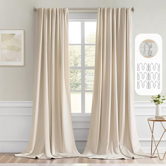MIULEE Cream Beige Back Tab Light Blocking Curtains 132 Inch Length 2 Panels Set for Living Room Bedroom Privacy, Rod Pocket/Pinch Pleat Thermal Insulated Room Darkening Pleated Blackout Drapes
