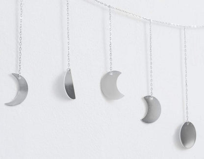Mkono Moon Phase Wall Hanging Boho Aesthetic Room Decor Metal Moons Garland Hanging Art Bohemian Home Decoration for Girls Room Nursery Bedroom Livingroom Dorm, Ideal, Silver, 55"