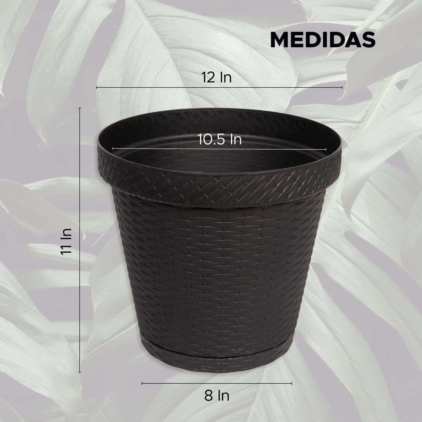 Elly Décor Set of 2 12 inch Round Saucer Modern Self Watering Planter Plates, Pots with Rattan-Like Finish, 12x12 Gray