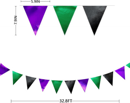Black Purple Green Party Decorations Metallic Fabric Triangle Pennant Banner Flag Bunting for Boys Men Birthday Graduations Wedding Bachelorette Retirement Video Game Level Up Theme Party Supplies