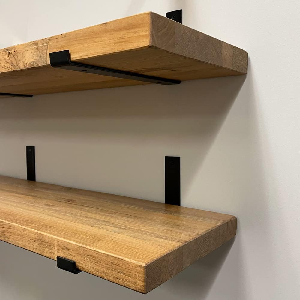 Rustic Shelves with J-Brackets Set of 2, Industrial Shelf, Kitchen Shelves, Solid Wood, Decorative Wall Storage, Heavy Duty, URBANDI (Brown, 48Wx6D)