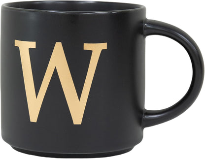 COLLECTIVE HOME - Monogram Ceramic Mugs, 15 oz Golden Initial Black Coffee Cups, Elegant Alphabet Tea Mugs, Elegant Personalized Mug with Gift Box, Unique Mug with Double Side Capital Lette (W)