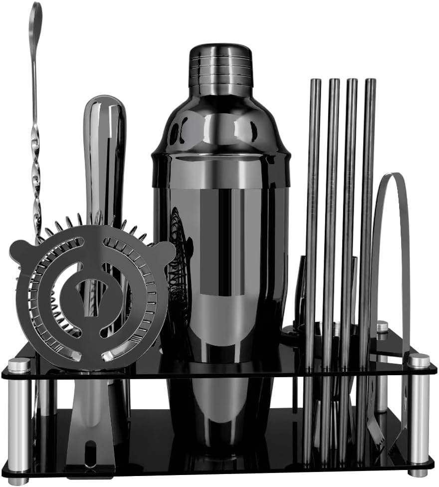 14-Piece Cocktail Shaker Set Bartender Kit with Black Stand, Bar Tool Set for Drink Mixing Bartending Kit Bar Sets Accessories: 750ml(25oz) Shaker, Jigger, Muddler, Cocktail Recipes (Black)