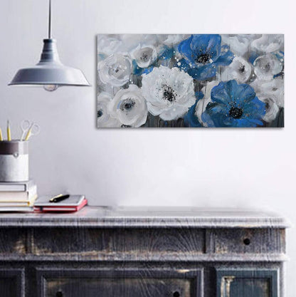 Mofutinpo Large Flower Painting Wall Art, 24x48, Modern Home Decor, Living Room Wall Decorations, White Blue Flower Prints Artwork, Waterproof UV Resistant Canvas, Wall Art for Bedroom