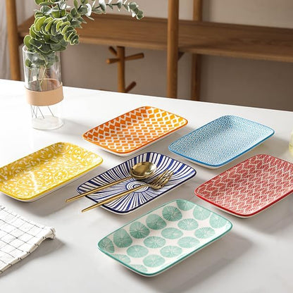 Selamica Ceramic Rectangular Salad Plates Set, Dinner Plate 9.4 Inch Dessert Plates for Party Entertaining, Small Serving Plates for Appetizers, Sushi, Fruit, Set of 4, Assorted Colors