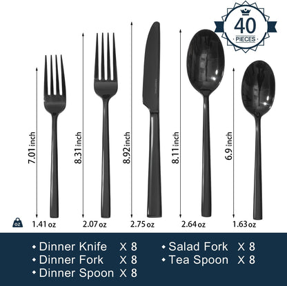 KINGSTONE Black Silverware Set, 40-Piece Forged Flatware Set Cutlery Set Premium Stainless Steel, Service for 8, for Kitchen, Home, Wedding, Party, Mirror Polished and Dishwasher Safe