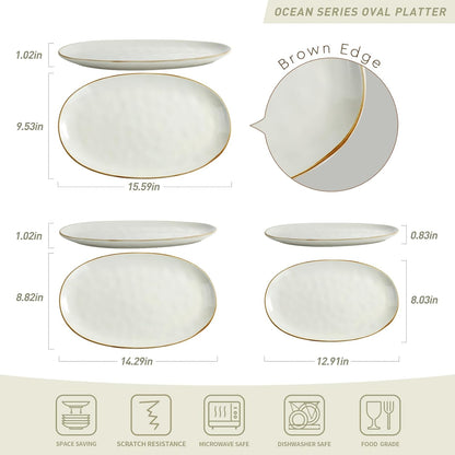 famiware Serving Platter, Oval 15.59/14.3/12.9inch Serving Dishes for Entertaining, Serving Bowls, Microwave Safe, Stoneware Serving Trays for Party, Food, Turkey, Cheese, Ocean Series, Vanilla White