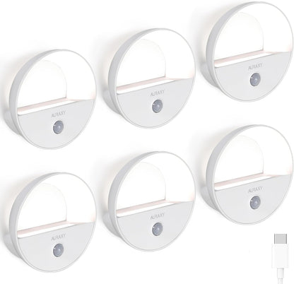 Rechargeable Motion Sensor Night Light, Battery Night Lights LED Cool White Magnetic Stick-on Motion Sensored Hallway Light, with Dusk to Dawn Sensor for Stair, Wall, Bedroom, Bathroom(6 Pack)