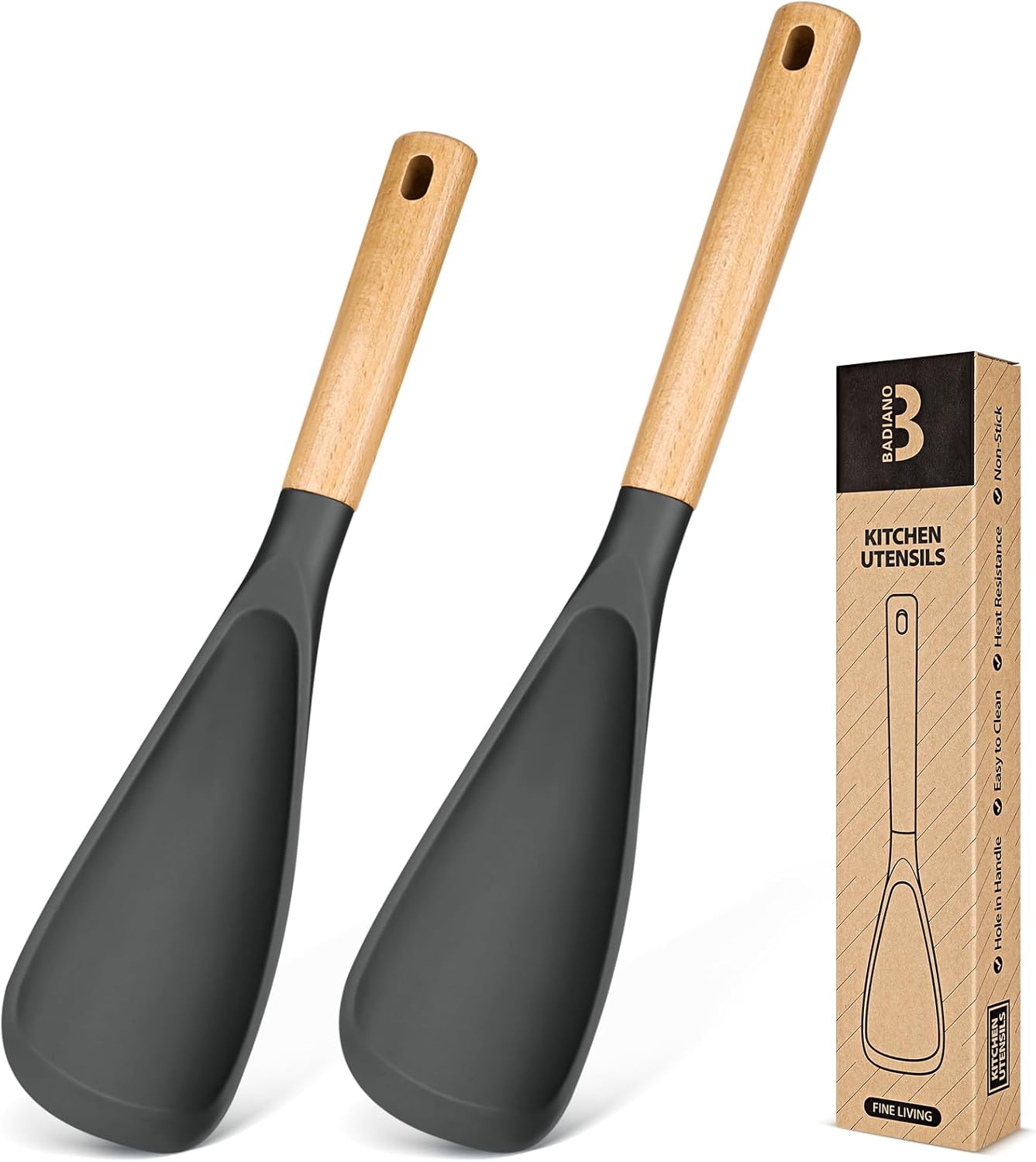 Multifunction Spatula Spoon for Nonstick Cookwares, Great for Cooking and Serving, Sturdy BPA-Free Matte Silicone, Wood Handle Spatula for Mixing, Scoop, and Scrape, Grey(2 pack,11.4" & 13.4")