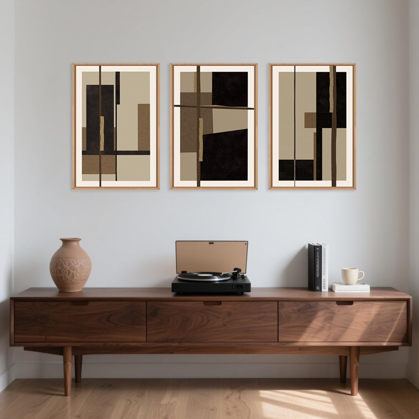 Abstract Shapes Framed Canvas Wall Art Set, Mid-Century Black Polygon Wall Decor, Black Brown Irregular Painting, Neutral Modern Art Print for Living Room, Dining Room, Office - 16"x24"x3