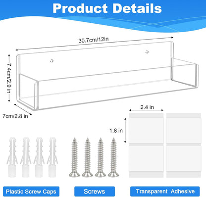 Acrylic Spice Rack Wall Mount-12 Inch, Clear Spice Shelf Storage Holder, 2 Pack Hanging Seasoning Rack Organizer for Cabinet Door, Cupboard or Wall Kitchen (Adhesive or Screw)