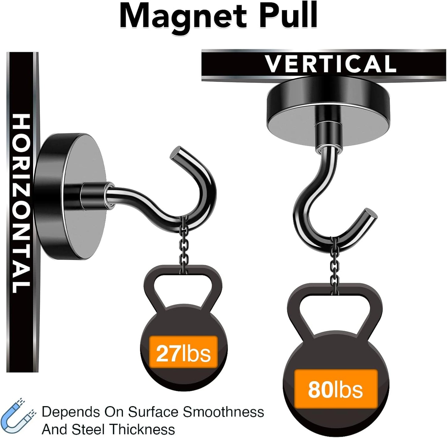 MIKEDE Black Magnetic Hooks, 80Lbs Heavy Duty Earth Magnets with Hooks for Cruise Cabin, Strong Magnet Hooks for Hanging, Super Metal Magnetic Hanger for Grill, Fridge, Kitchen - Pack of 10