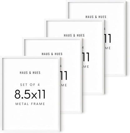 HAUS AND HUES 8.5x11 White Metal Picture Frames - Features Premium Aluminum, Shatterproof Plexiglass - Perfect for Diplomas, Documents, Certificates (8.5x11 in, White, Set of 4)