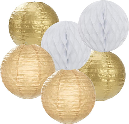 White Gold Party Decorations Streamers - 14pcs Christmas Wedding Engagement Paper Lanterns Fan,Tissue Pom Poms,Honeycomb Balls,Bachelorette Neutral Birthday Baby Bridal Shower Decor Lasting Surprise