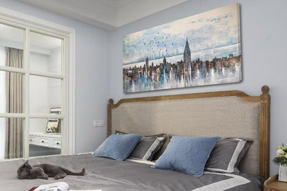 Arjun Cityscape Wall Art New York City Skyline Buildings Picture Modern Abstract Grey NYC Skyline Birds Painting Framed Artwork for Bedroom Living Room Bathroom Home Office Decor, Large Size 40"x20"