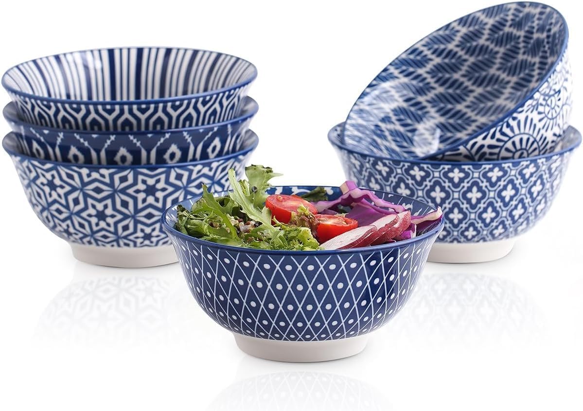 Selamica 7 inches Porcelain Cereal Bowl Set - Set of 6, Soup Bowls, Ceramic bowls for Cereal, Soup, Salad and Pasta, Vintage Blue