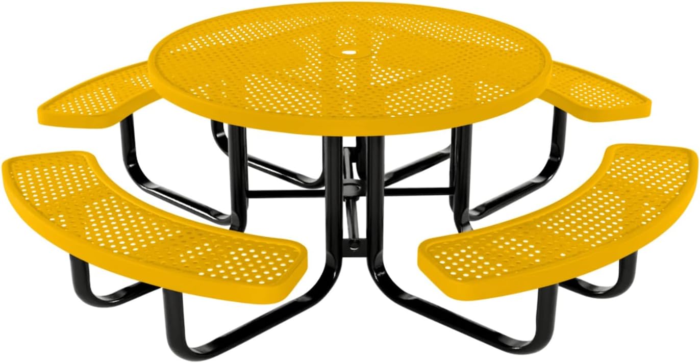 Coated Outdoor Furniture Heavy-Duty Portable Outdoor Kids Table with Umbrella Hole, Punched Steel Kids Picnic Table, Commercial-Grade, Made in America (46 In, Round, Childrens, Yellow)