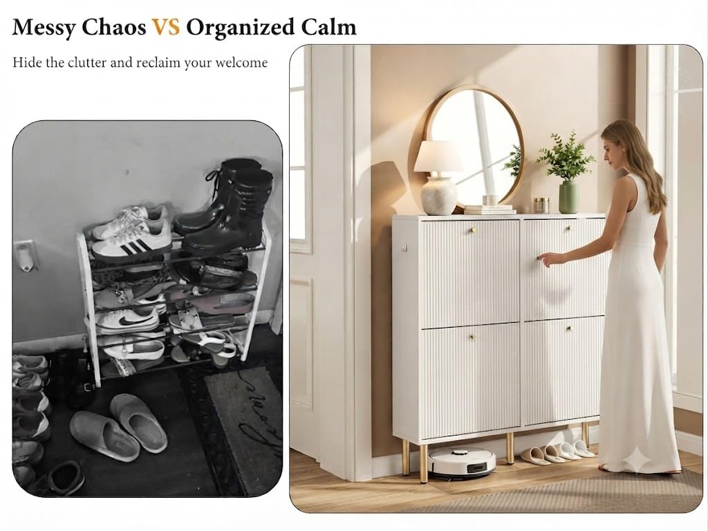 Nicetree White Shoe Cabinet for Entryway, 4 Flip Drawers Shoe Storage Cabinet with Tiered Fluted