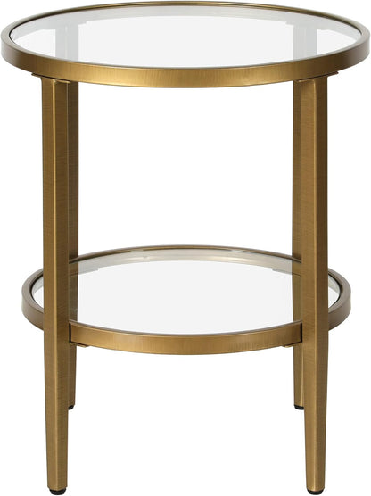 Henn&Hart 20" Wide Round Side Table with Glass Shelf in Antique Brass, Table for Living Room, Bedroom