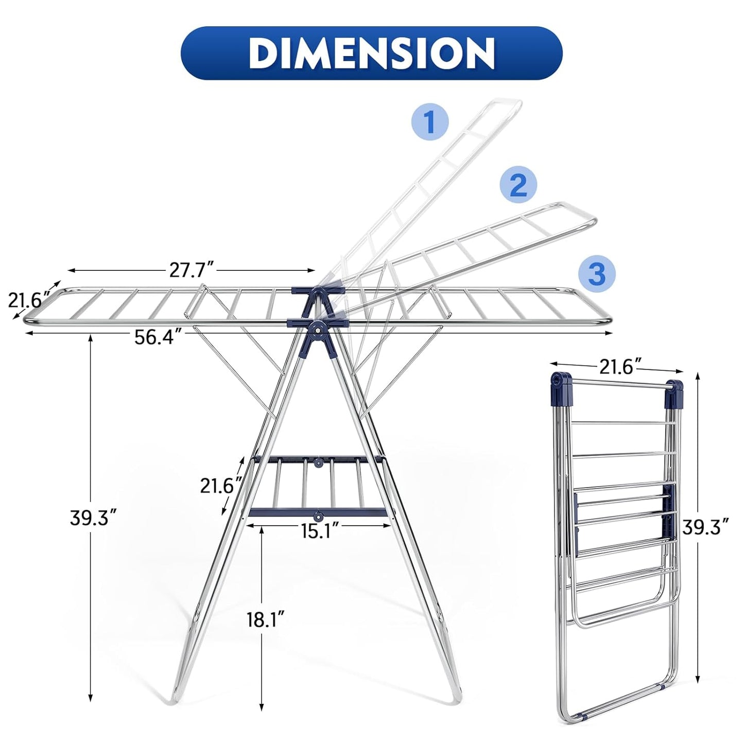 APEXCHASER Clothes Drying Rack, Drying Rack Clothing with Height-Adjustable, Foldable Gullwings Laundry Drying Rack, Indoor Outdoor Use, No Assembly