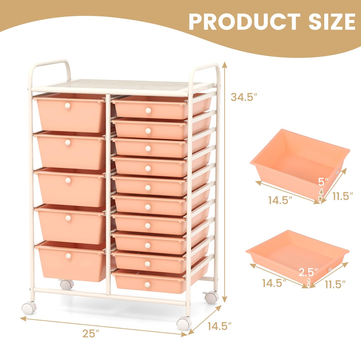 COSTWAY 15 Drawer Rolling Storage Cart, Mobile Utility Cart with Lockable Wheels, Drawers